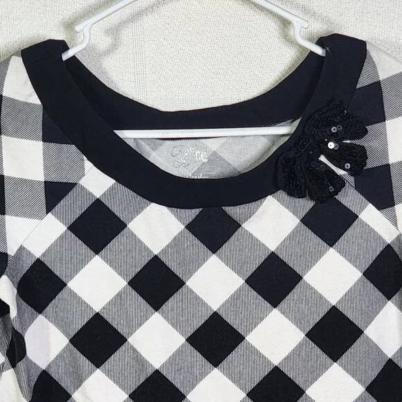 Justice Black White Check SS Black Sequin Bow Neckline Cotton Span Top Size 18 - Picture 2 of 16